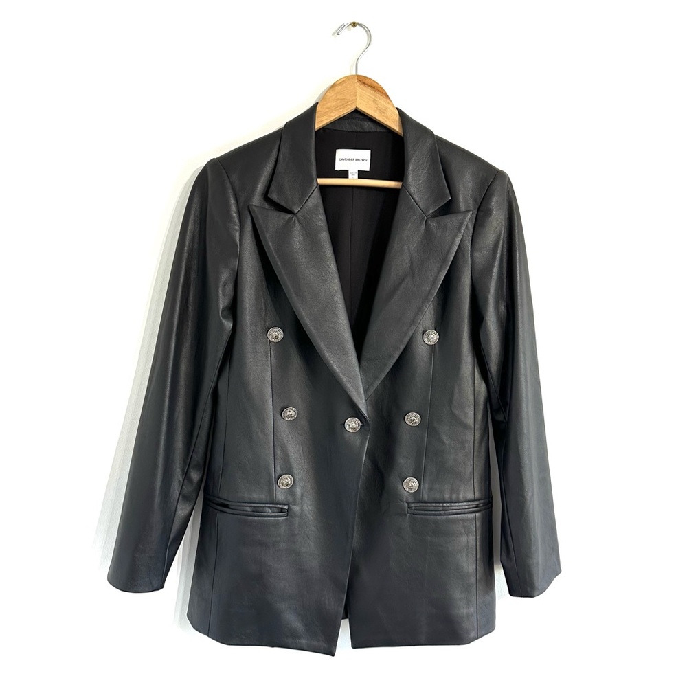 Lavender Brown Faux Leather Black Blazer single button Kara